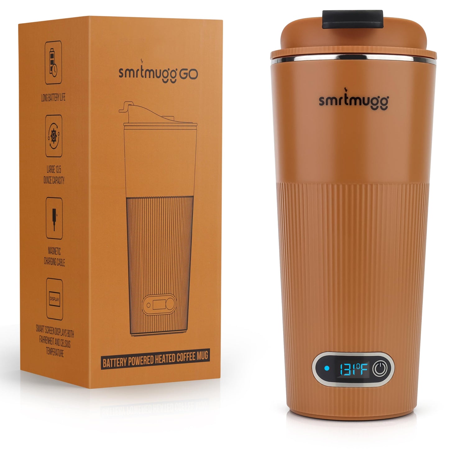 SMRTMUGG GO Heated Coffee Mug, Travel Mug, 13.5 OZ. Smart Mug, Battery Powered Heated Coffee Mug, Great for Coffee and Tea, Snap on Magnetic Charging Cord, New and Improved (Pumpkin Spice)