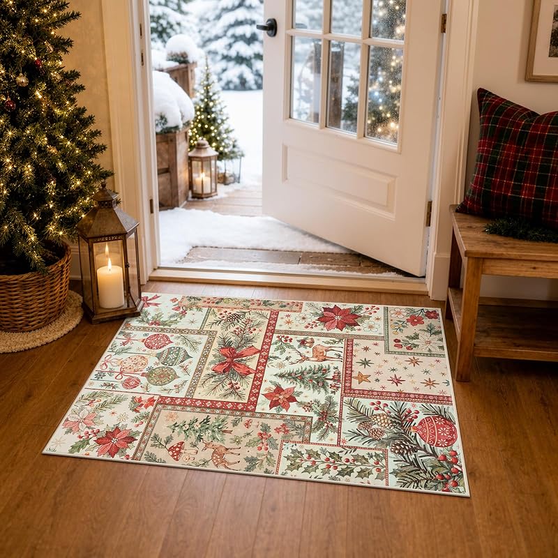 2x3 Christmas Entryway Rug - Boho Patchwork, Washable Beige 2' x 3' (Variation: Beige)
