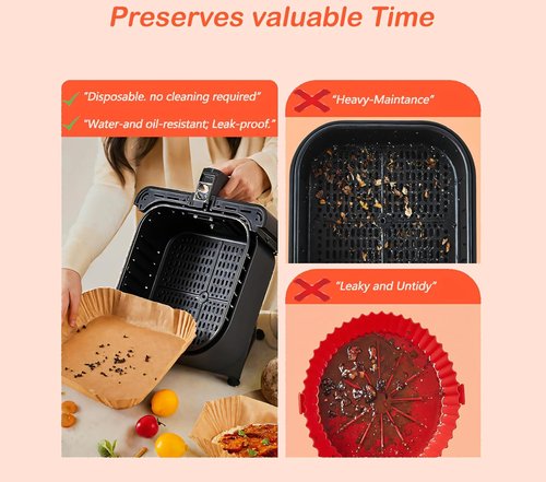 EkoHaven Signature Air Fryer Paper Liners - 127 Pcs Non-Stick, Oil Proof, 9” Square for 5-9qt Baskets