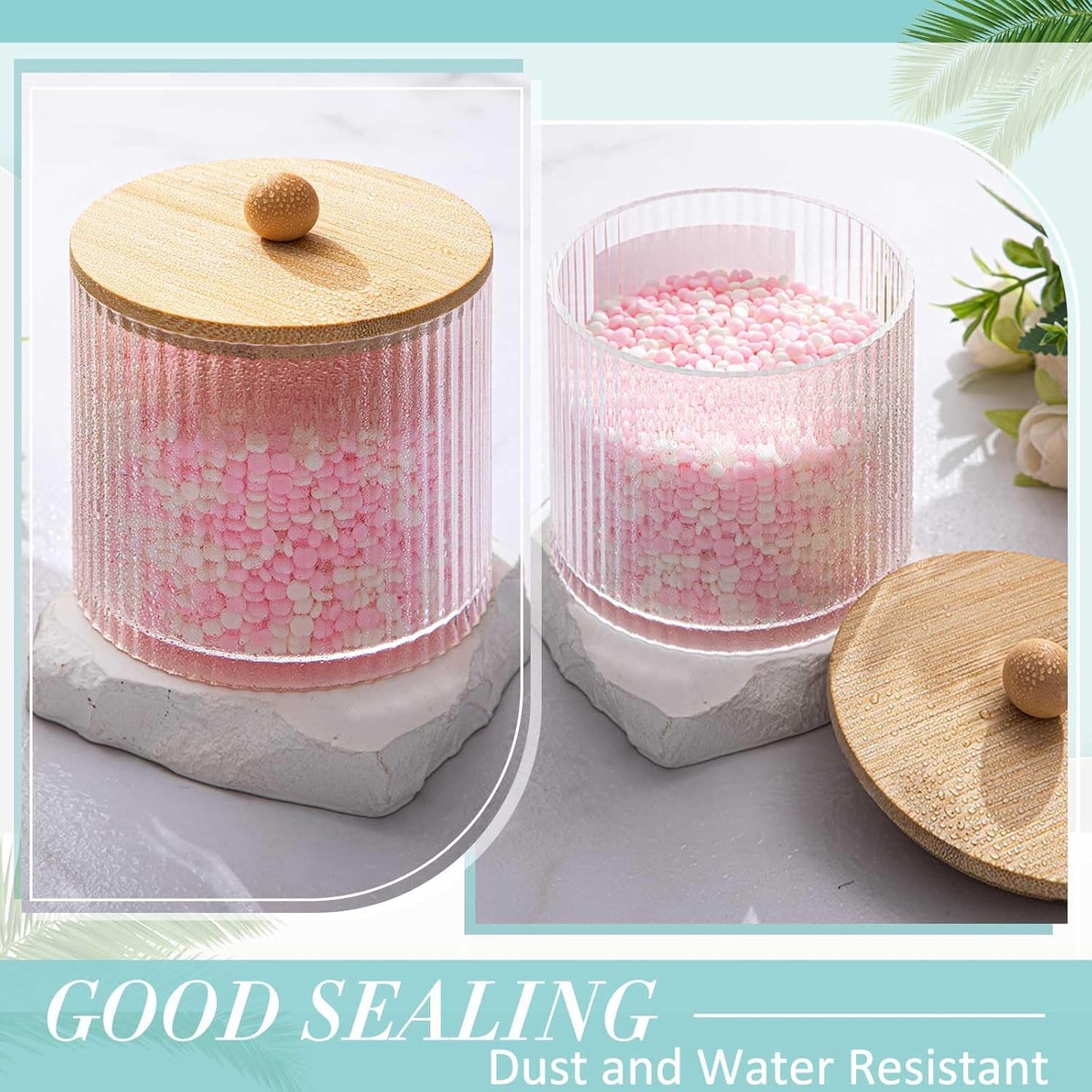 Yaomiao Ribbed Bathroom Canisters - 6 Pcs Apothecary Jars with Bamboo Lids & Labels | 18 oz Plastic Storage for Cotton Balls, Swabs, Floss Picks