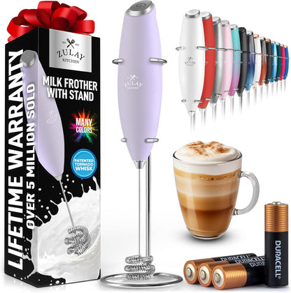 Zulay Kitchen Tornado Triple Whisk Milk Frother - Handheld Foam Maker for Rich, Creamy Coffee & Lattes - Lilac Color with 4 Duracell Batteries