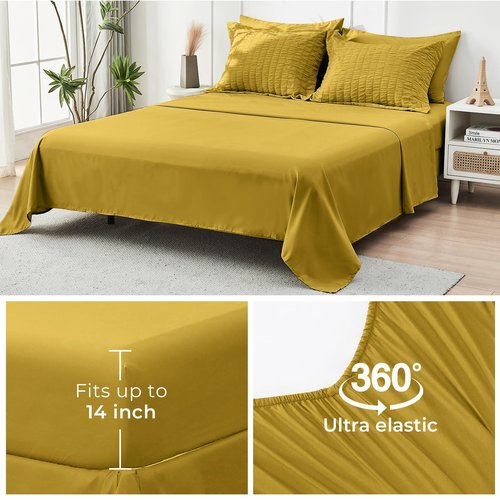 HYMOKEGE Mustard Yellow Full Size Comforter Sets Seersucker 7 Pieces, All Season Luxury Bed in a Bag for Bedroom, Bedding Set with Comforter, Sheets, Pillowcases & Shams