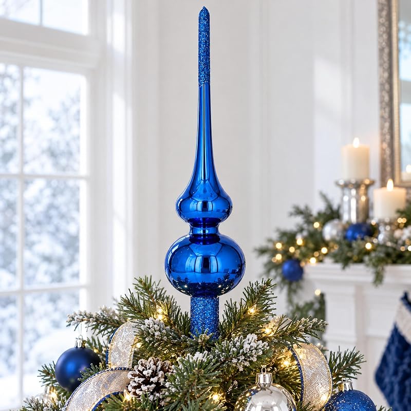 Glossy Blue Glass Christmas Tree Topper 11 Inches with Sparkling Finish