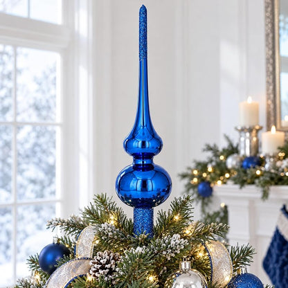Glossy Blue Glass Christmas Tree Topper 11 Inches with Sparkling Finish