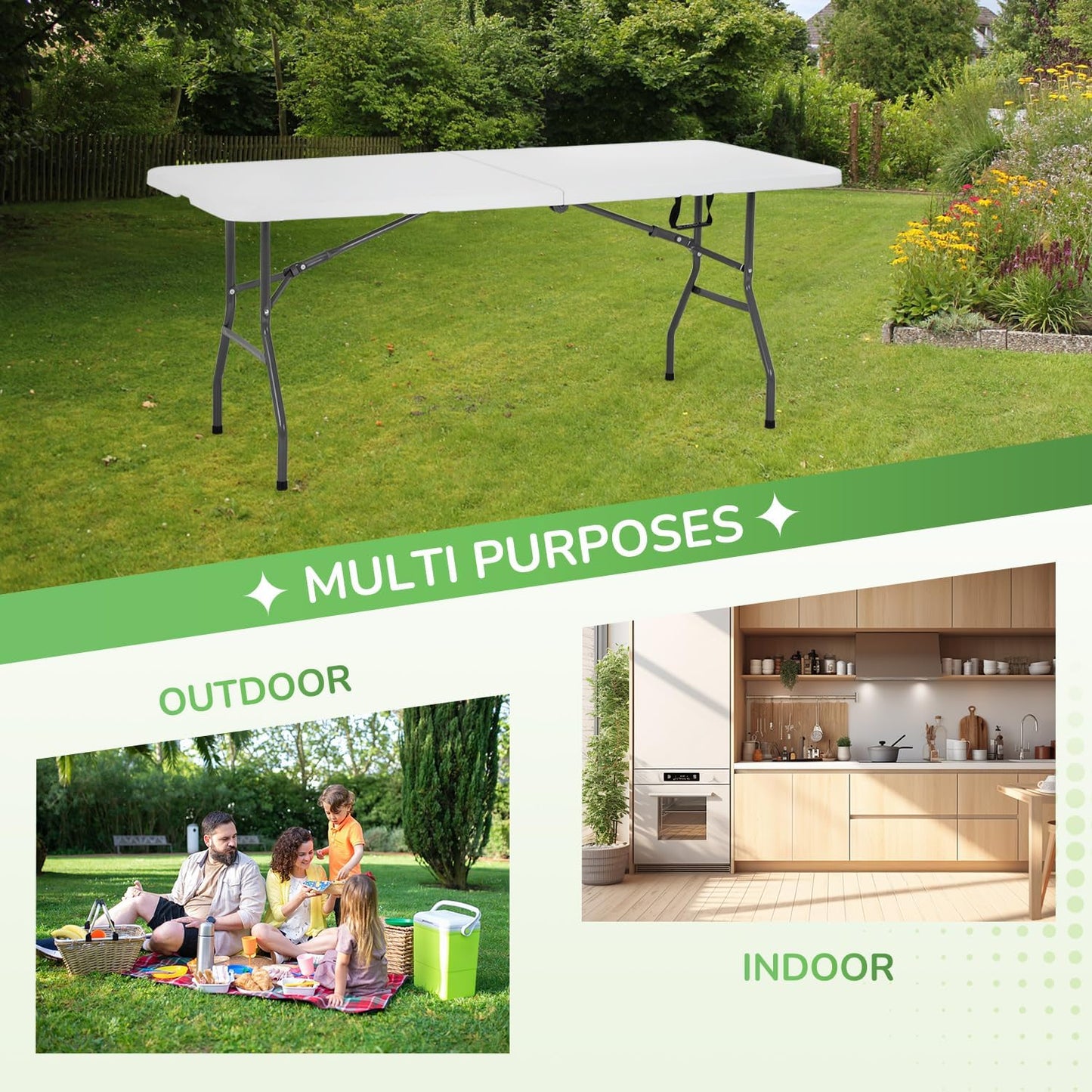 PayLessHere 6FT Folding Table - Portable Waterproof Plastic Table with Carry Handle | Steel Frame for Indoor & Outdoor Events