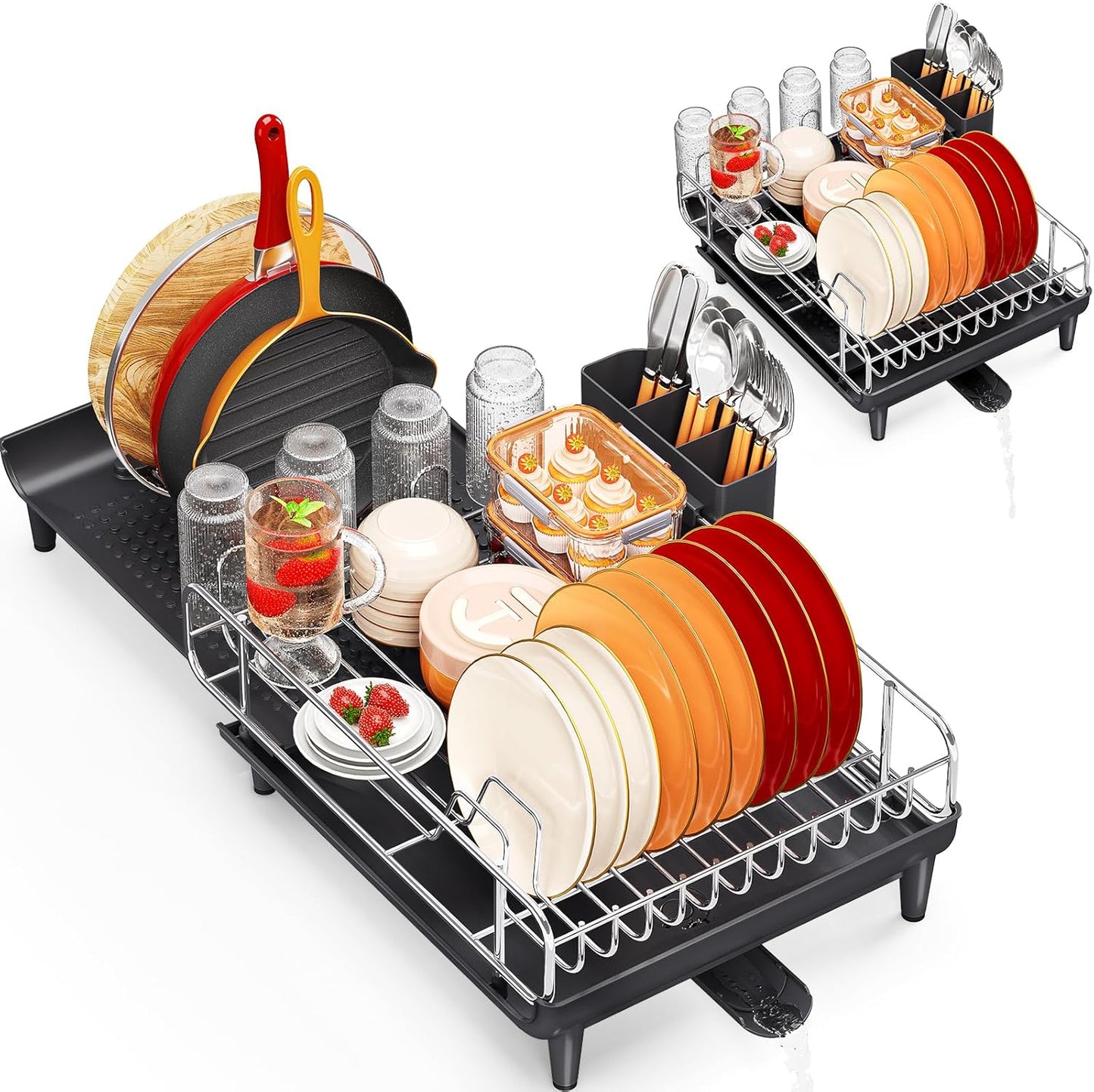 TOOLF Expandable Dish Rack - Stainless Steel Dish Drying Rack with Cutlery Holder | Large & Foldable, Black