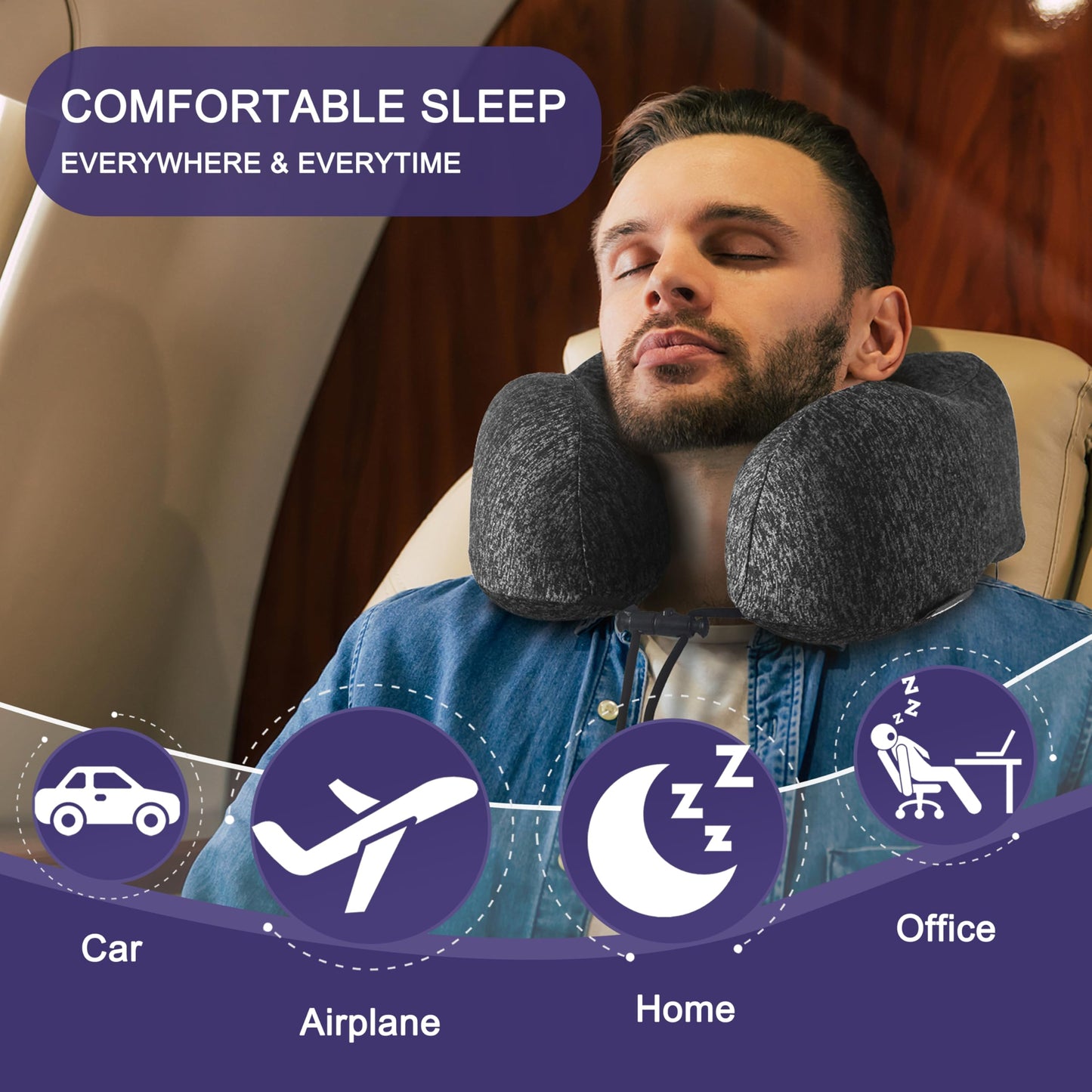 napfun Neck Pillow for Traveling, Upgraded Travel Neck Pillow for Airplane 100% Pure Memory Foam Travel Pillow for Flight Headrest Sleep, Portable Plane Accessories, Full Grey