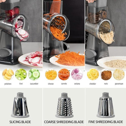 Cheese Grater - Hand Crank Rotary Vegetable Shredder with 3-in-1 Interchangeable Blades | Non-Slip Base