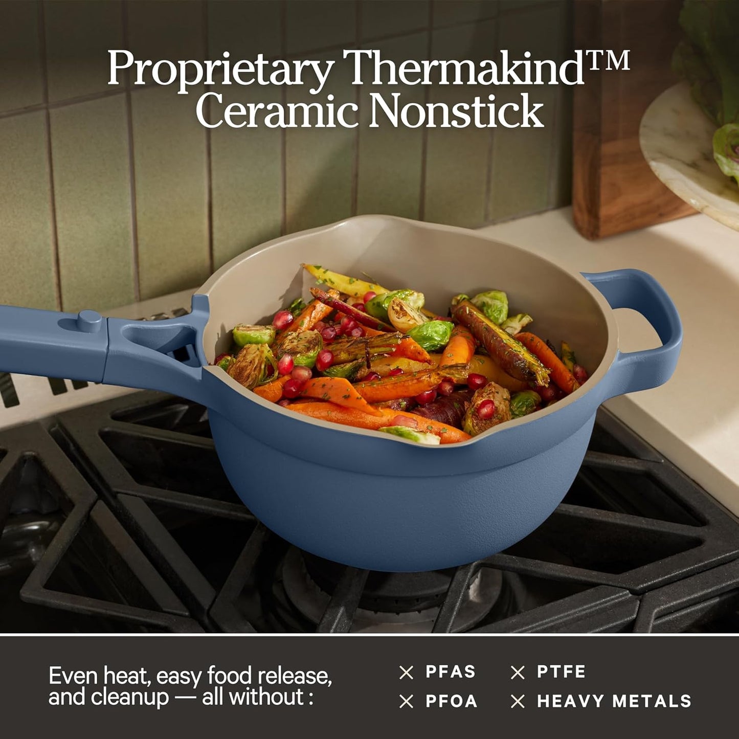 Our Place Mini Perfect Pot - 2.5 Qt Ceramic Cookware with Lid & Spatula | PFAS-Free, Nonstick, Induction & Oven-Safe | Blue Salt