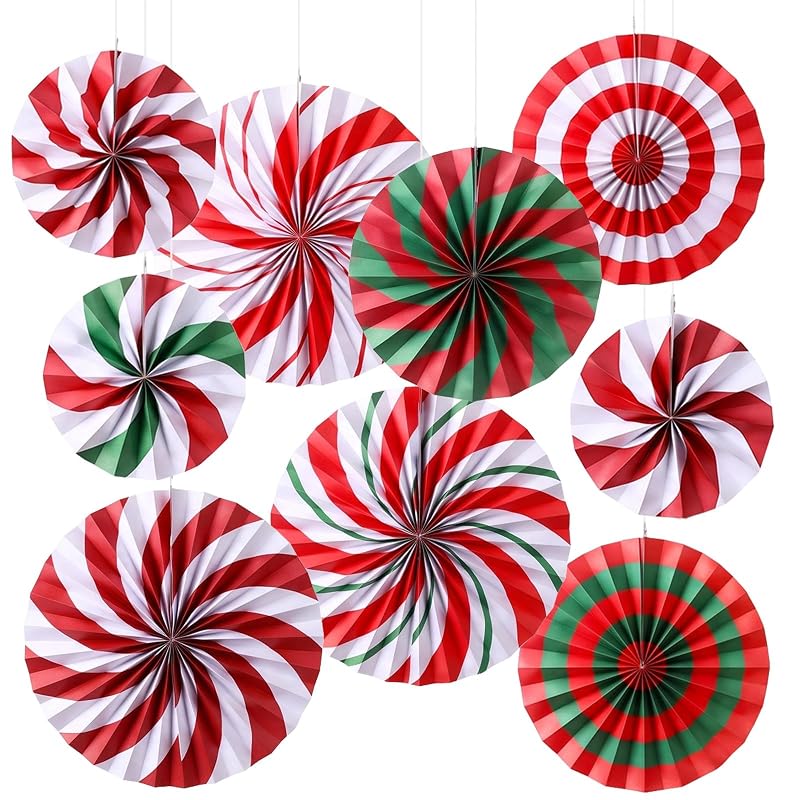 Peppermint Candy Cane Christmas Paper Fans 9-Pack - 8/12/16 Inch Hanging Decorations