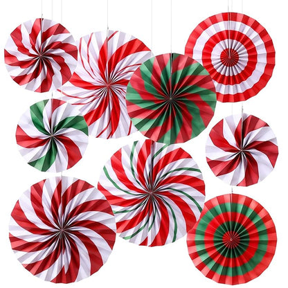 Peppermint Candy Cane Christmas Paper Fans 9-Pack - 8/12/16 Inch Hanging Decorations