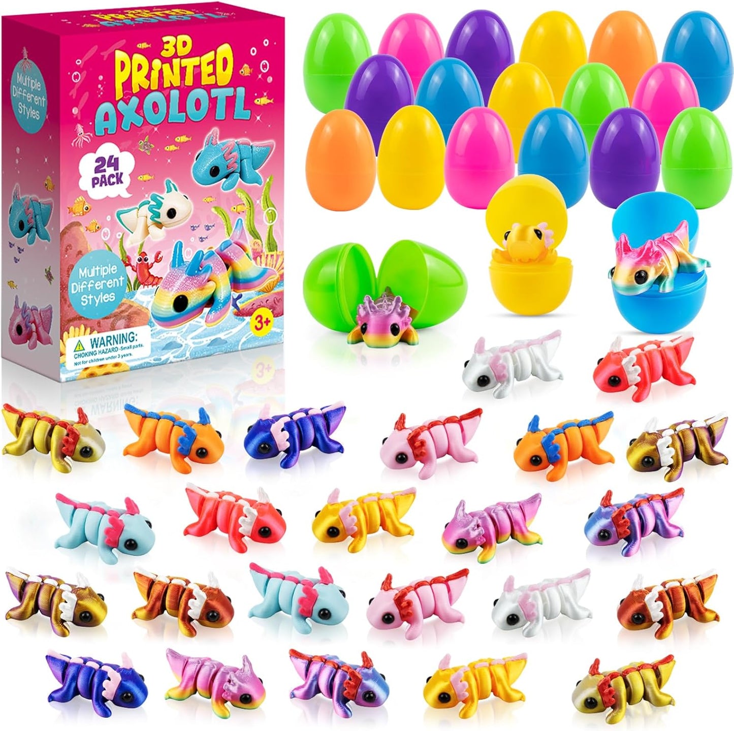 Skiennix Easter Basket Stuffers - 24 Pack Prefilled Easter Eggs with 3D Printed Axolotl Toys - Fun Mini Animal Fidget Figures for Toddlers