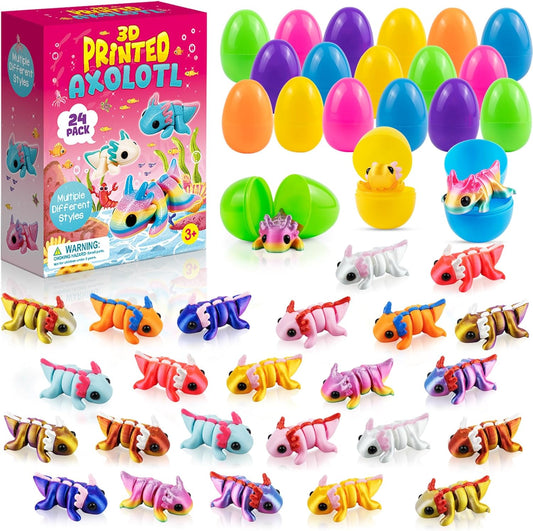 Skiennix Easter Basket Stuffers - 24 Pack Prefilled Easter Eggs with 3D Printed Axolotl Toys - Fun Mini Animal Fidget Figures for Toddlers