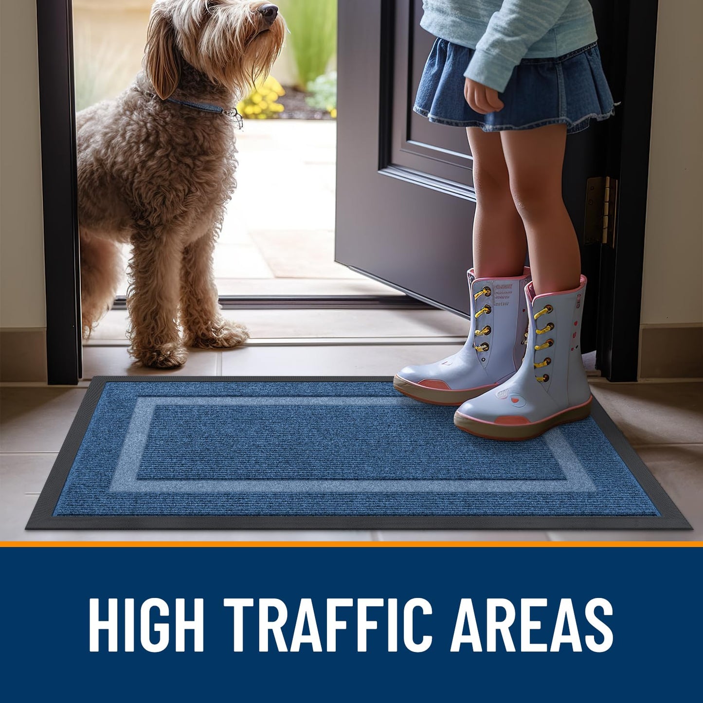OLANLY Front Door Mat Indoor Outdoor Entrance, Waterproof All-Season, All-Weather Doormat, Sturdy Natural Rubber, Fade Resistant, Low Profile, Easy Clean Patio Porch Entryway Mat, 47x30, Light Blue