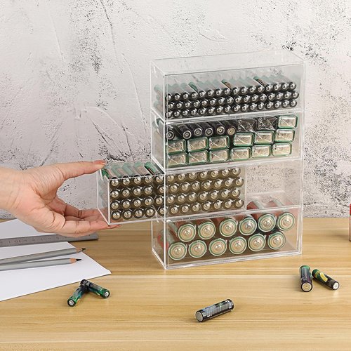 BTSKY Clear Acrylic Battery Storage Organizer - 4-Drawer Holder for AA, AAA, 9V & C Batteries