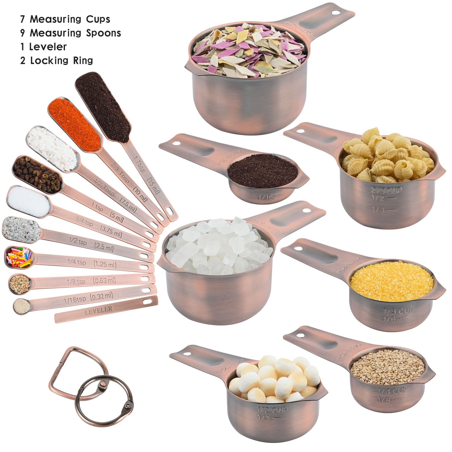Viwehots Measuring Cups and Spoons Set, Copper Plated Measuring Cups Spoons, Stainless Steel 7 Measuring cups and 9 Measuring Spoons 1 Leveler for Baking and Kitchen, Metal Copper Measure Cups&Spoons