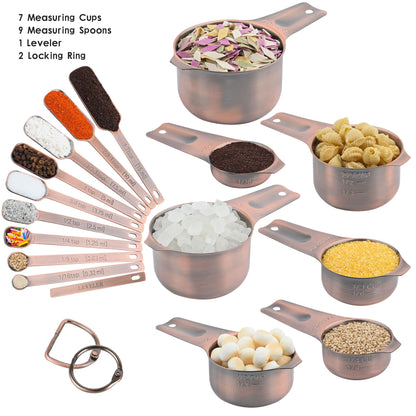 Viwehots Measuring Cups and Spoons Set, Copper Plated Measuring Cups Spoons, Stainless Steel 7 Measuring cups and 9 Measuring Spoons 1 Leveler for Baking and Kitchen, Metal Copper Measure Cups&Spoons