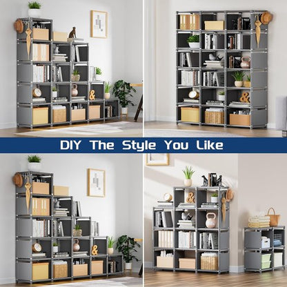 Mavivegue Bookshelf - Extra Large 18-Cube Storage Organizer | Grey Tall Bookcase for Home & Office