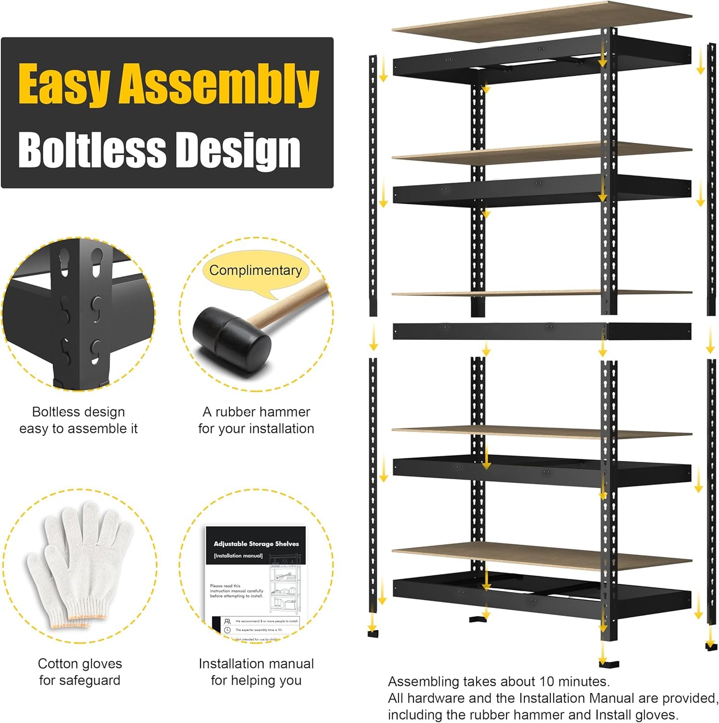 PrimeZone Heavy Duty Storage Shelves - 5-Tier Adjustable Metal Rack for Garage, Pantry & Kitchen | 48" x 24" x 72" - Black