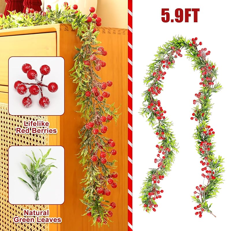 Breeze Touch 2 Pack Lighted Olive Garland with Red Berries - Battery Operated Snowy Christmas Decor