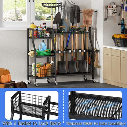 Keomaisyto Garden Tool Organizer - Heavy Duty Metal Storage with 6 Wheels & 2 Baskets | Ideal for Garage, Shed & Yard