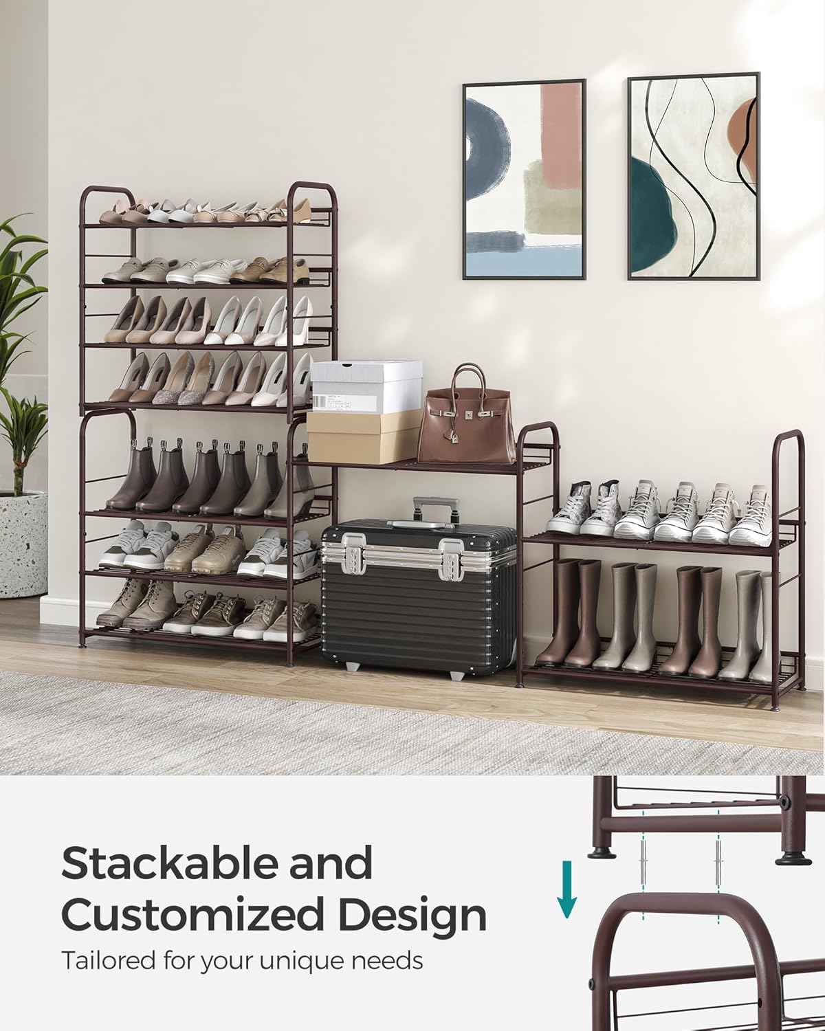 SONGMICS 4-Tier Metal Shoe Rack - Adjustable Slanted Shelves, Holds 16 Pairs, Bronze Finish for Small Spaces