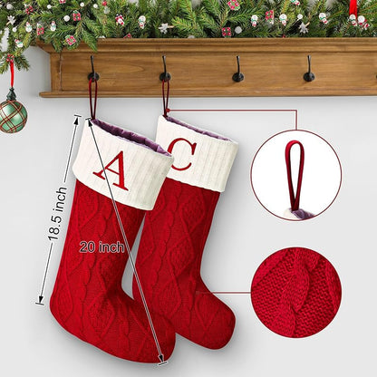 Personalized 20” Christmas Stocking with Initial A - Knitted Embroidered Monogram