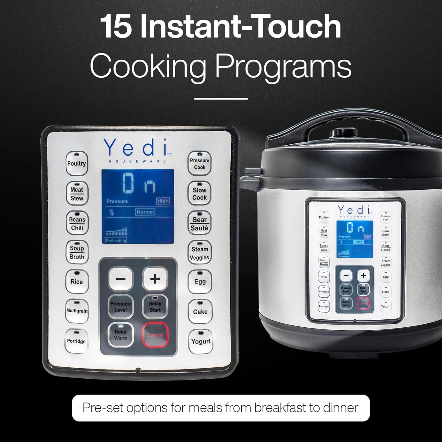 Yedi Houseware Pressure Cooker - 9-in-1 Digital Screen with Recipe Kit | Stainless Steel, 6 Liters