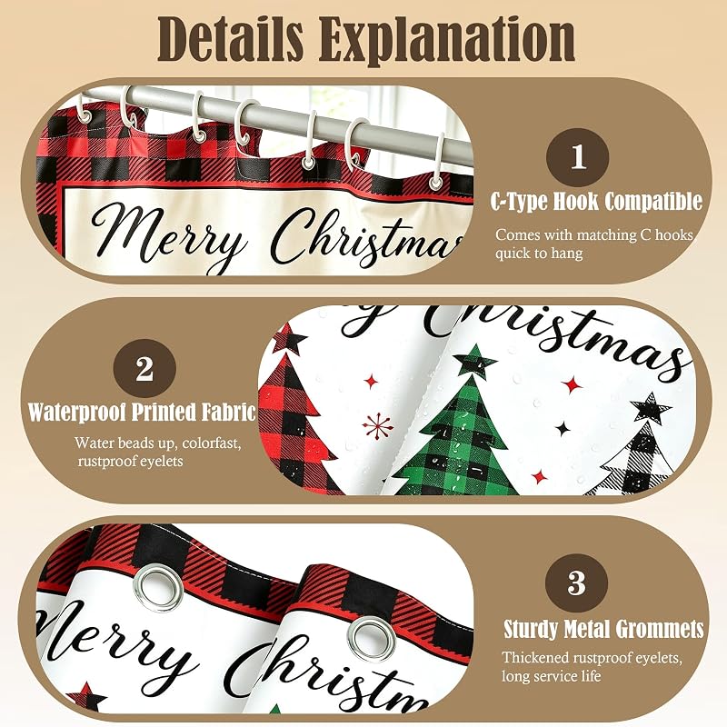 Christmas Shower Curtain Plaid Trees - 72 x 72 in, Farmhouse Decor, Pack of 1