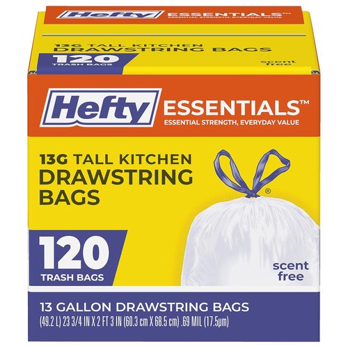 Hefty Essentials 13 Gallon Kitchen Trash Bags - 120 Count Tall Unscented | Easy Tie & Lift, White