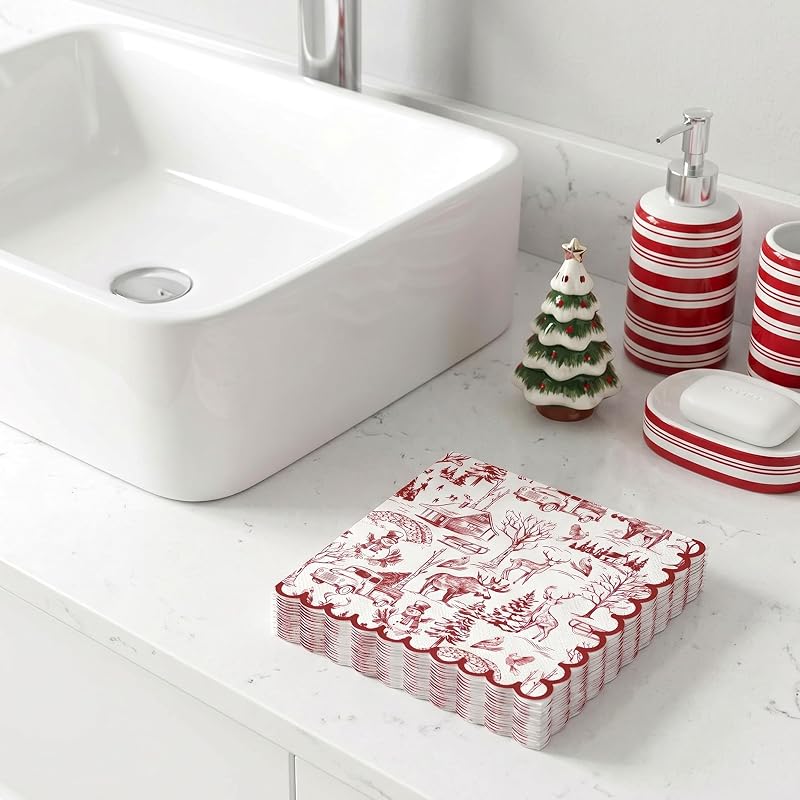 Christmas Napkins 50 Ct 3-Ply Red Toile Village 6.5" Disposable Dinner Napkins