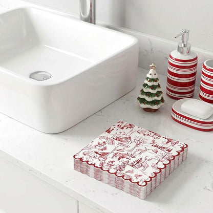 Christmas Napkins 50 Ct 3-Ply Red Toile Village 6.5" Disposable Dinner Napkins