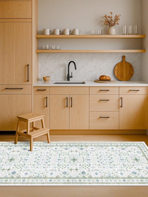 Hazo Haus Boho Bathroom Runner - Cream Green Oushak Floral Turkish | Washable Non-Slip Accent Rug 2x7