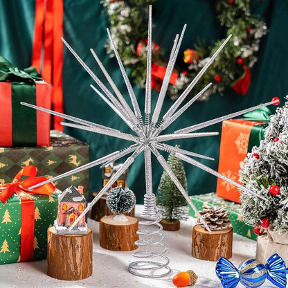 Silver Christmas Tree Topper 13.7 Inch – Exploding Star Burst, Two-Piece Base