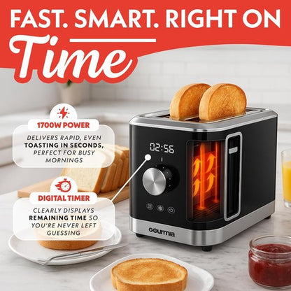Gourmia 2 Slice Toaster - Extra Wide Slots, 6 Browning Levels & One-Touch Toasting | Compact Black Design