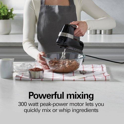 Hamilton Beach Electric Hand Mixer - 6 Speeds with Stir Button | 300W Power, Whisk & Storage Clip, Black