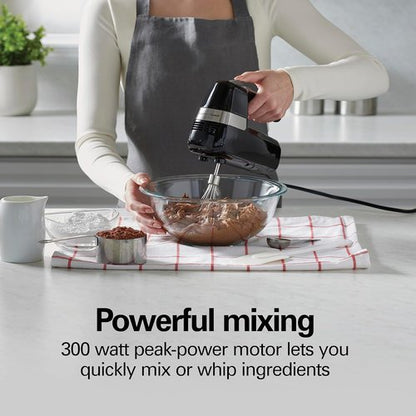 Hamilton Beach Electric Hand Mixer - 6 Speeds with Stir Button | 300W Power, Whisk & Storage Clip, Black