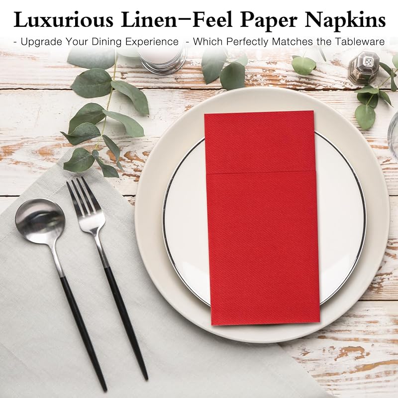 Disposable Linen-Feel Napkins with Built-In Flatware Pocket, Red 50 Count