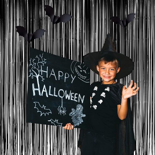 GREATRIL Black Fringe Backdrop - Festive Outdoor Streamers for Holiday Decor | 3.2ft x 8.2ft, 2 Packs