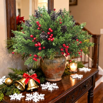 Grunyia Christmas Decorations - 68 Pcs Artificial Pine Greenery Picks with Pinecones & Berries for Holiday Decor