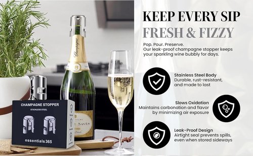 Champagne Stoppers -Stainless steel Wine Bottle stopper-Durable with Leak-Proof Seal for Sparkling Wine Bottles - Perfect for Celebrations and Special Occasions (Silver, 2 pack).