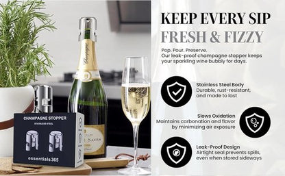 Champagne Stoppers -Stainless steel Wine Bottle stopper-Durable with Leak-Proof Seal for Sparkling Wine Bottles - Perfect for Celebrations and Special Occasions (Silver, 2 pack).