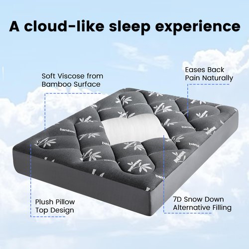 Mattress Topper Full Size - Viscose Made from Bamboo Pillow Top Mattress Pad with Deep Pockets - Soft Mattress Topper for Back Pain Relief(54"x75",Black)