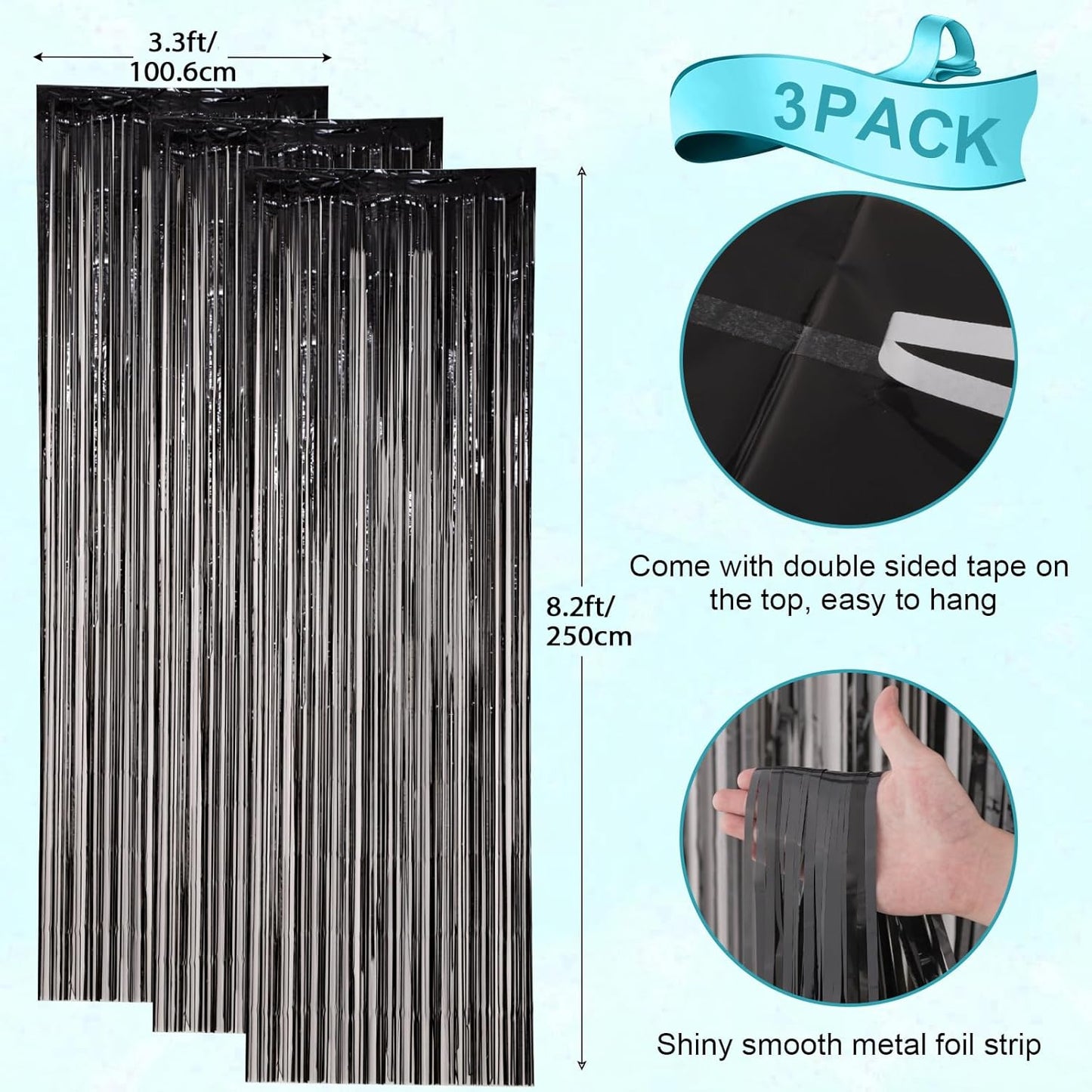 Voircoloria Black Foil Fringe Backdrop Curtains - 3 Pack Tinsel Streamers for Parties & Events | 3.3x8.2 Feet