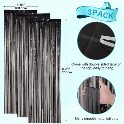Voircoloria Black Foil Fringe Backdrop Curtains - 3 Pack Tinsel Streamers for Parties & Events | 3.3x8.2 Feet