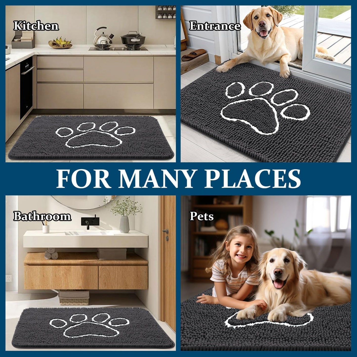 OLANLY Dog Door Mat - Absorbent Non-Slip Mud Mat for Muddy Paws | 70x35, Dark Grey, Quick Dry Chenille