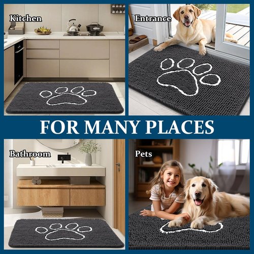 OLANLY Dog Door Mat for Muddy Paws 59x20, Paw Print Design, Absorbs Moisture and Dirt, Absorbent Non-Slip Washable Doormat, Quick Dry Chenille Mud Mat for Dogs, Entry Indoor Entryway Carpet, Dark Grey