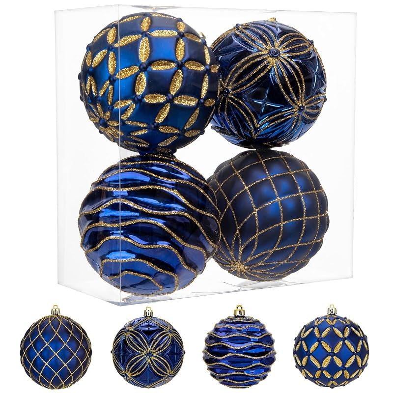 Navy Blue & Gold 4" Shatterproof Christmas Ornaments Set of 4