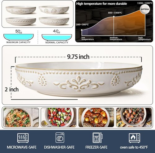 Artena Large 50oz Pasta Bowls Set of 4 - White Ceramic Salad & Soup Bowls | Microwave & Dishwasher Safe