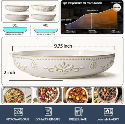 Artena Large 50oz Pasta Bowls Set of 4 - White Ceramic Salad & Soup Bowls | Microwave & Dishwasher Safe